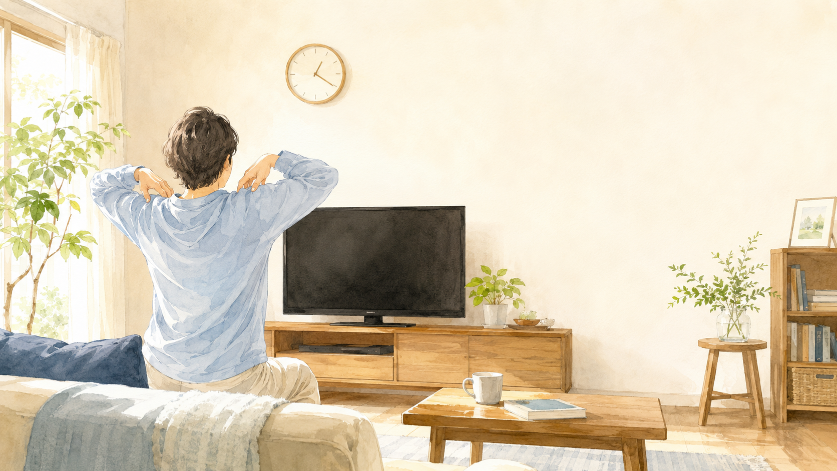 室内でゆっくり体を伸ばしている人